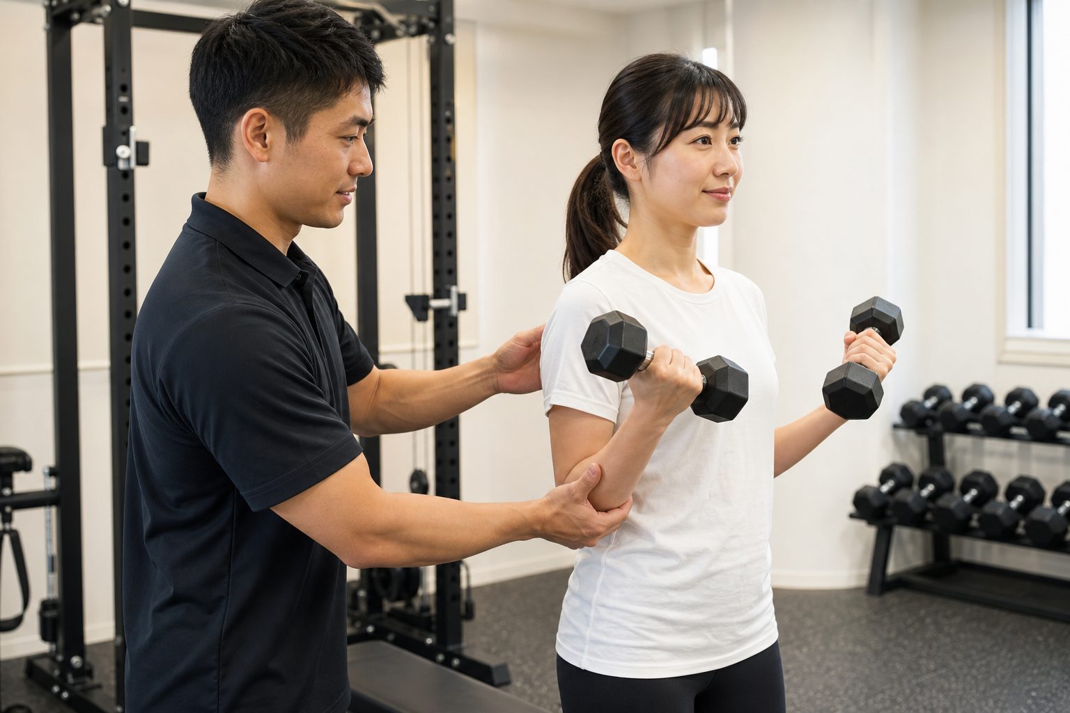 トレーナーがダンベルを持つお客様のフォームを横から支えて指導している様子