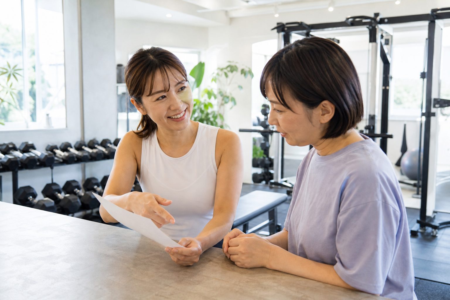 食事の記録を見ながら相談にのる高橋トレーナー
