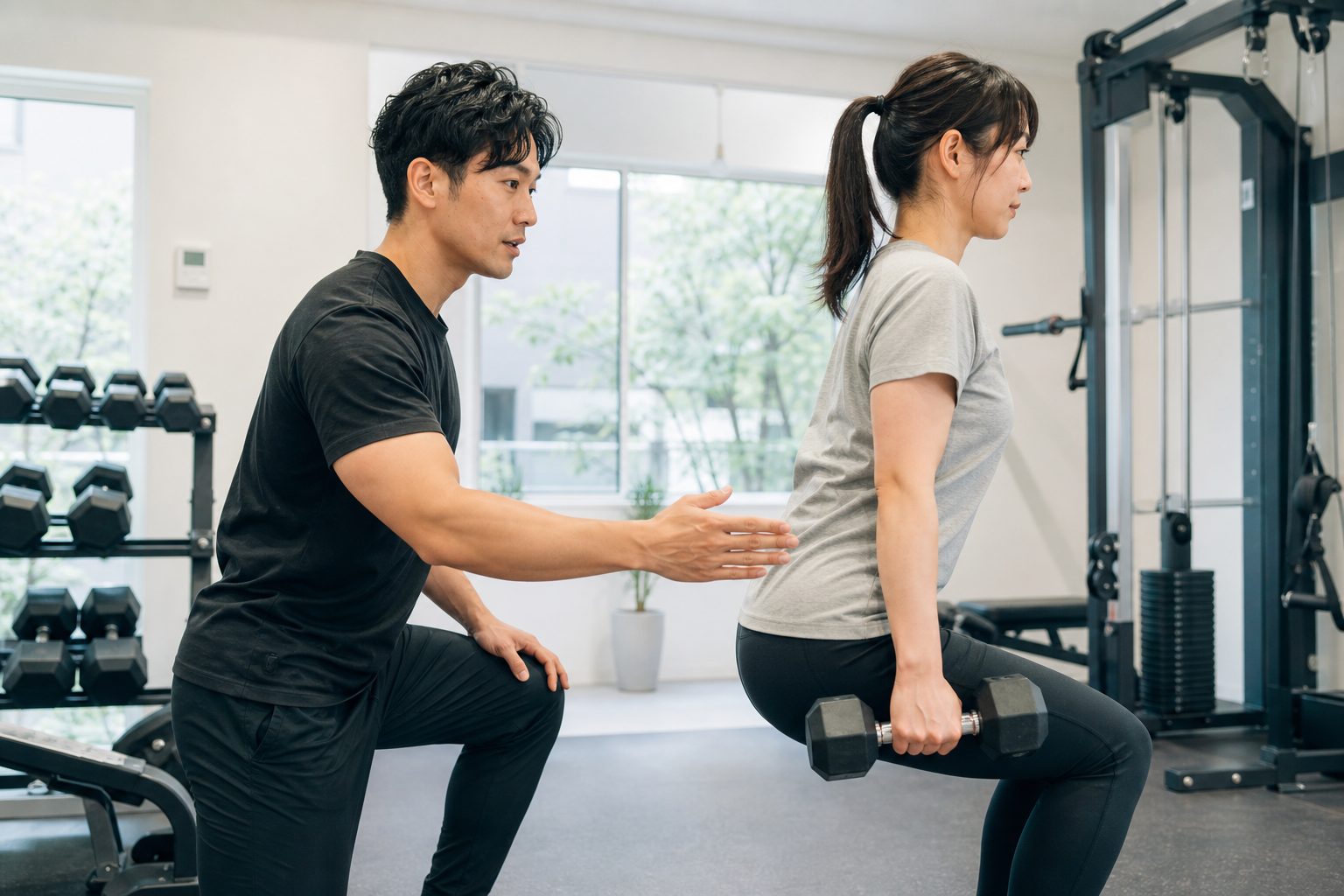 スクワットのフォームを確認する佐々木トレーナー